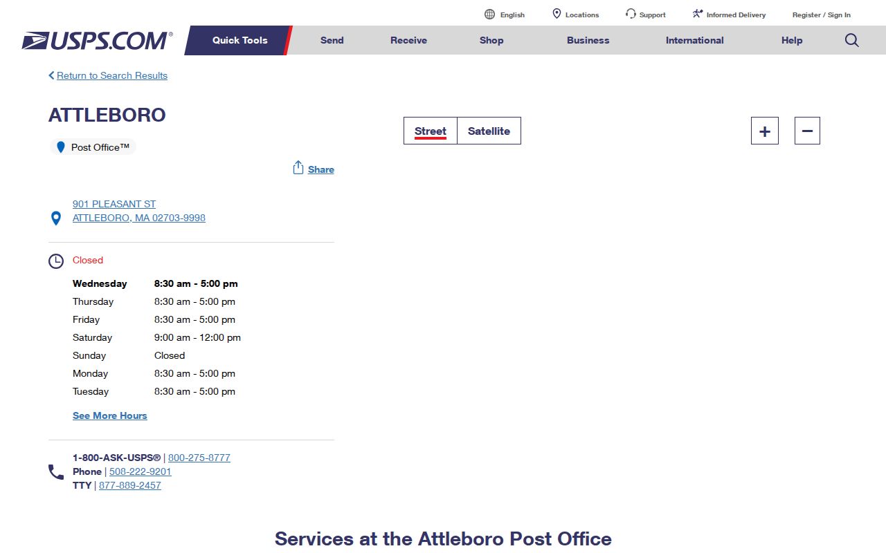 Attleboro ZIP code directory image of the Attleboro Post Office service listing