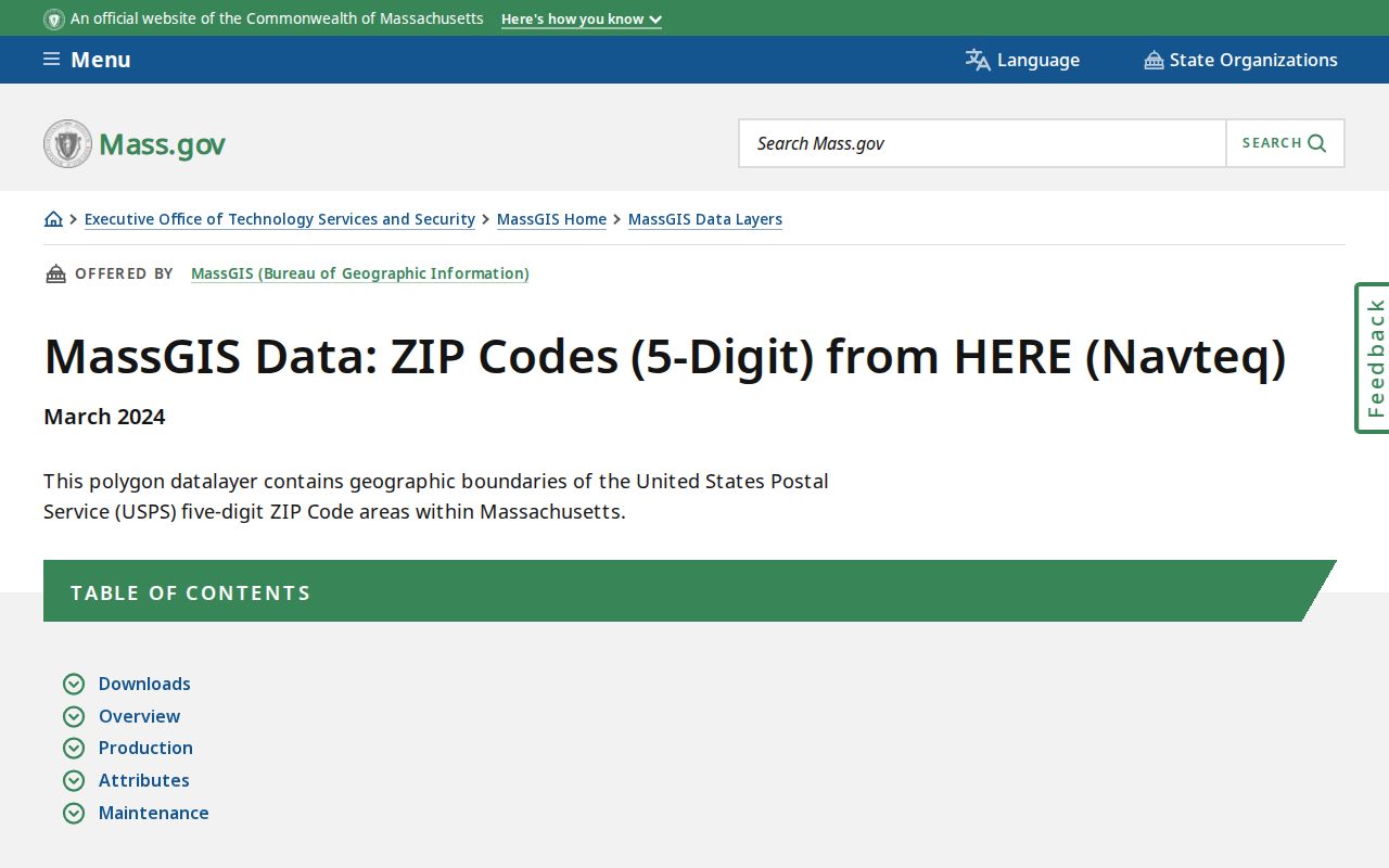 Attleboro ZIP code directory image of the MassGIS ZIP boundary data page