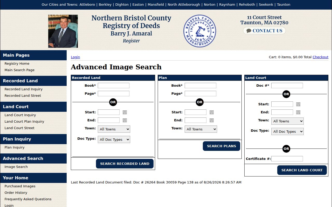 Attleboro street directory source showing Northern Bristol advanced deed search fields